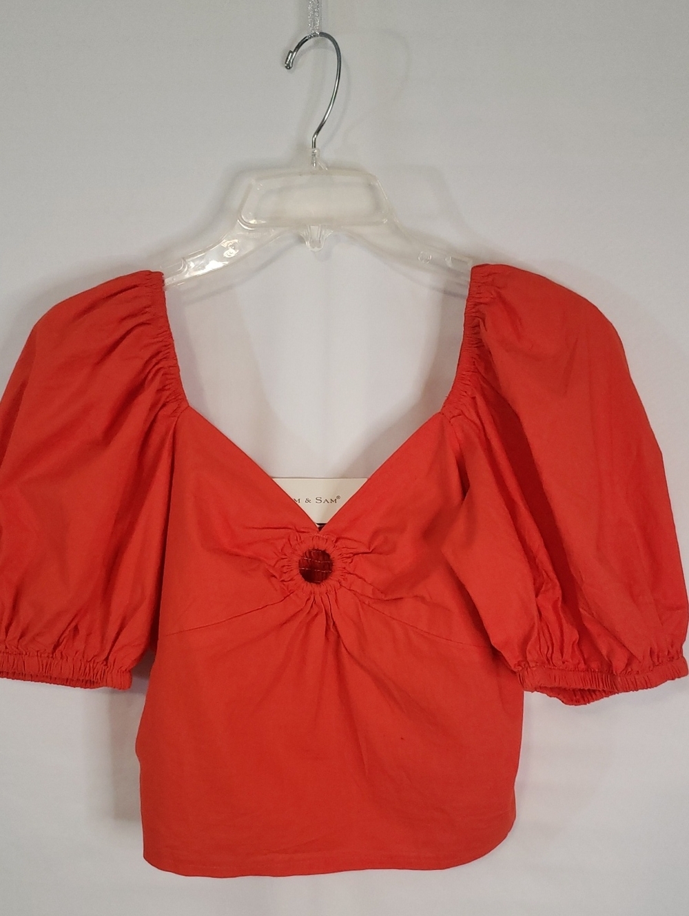 Sim & Sam Bright Deep Orange Puff Sleeve Crop Keyhole V-Neck Top